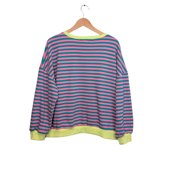 Trendy Queen Womens XL Pullover Sweater Striped Teal Pink Neon Yellow Oversized - Picture 3 of 8